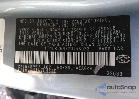2007 Toyota Avalon Xls z USA, uszkodzony, nr VIN 4T1BK36B77U245972